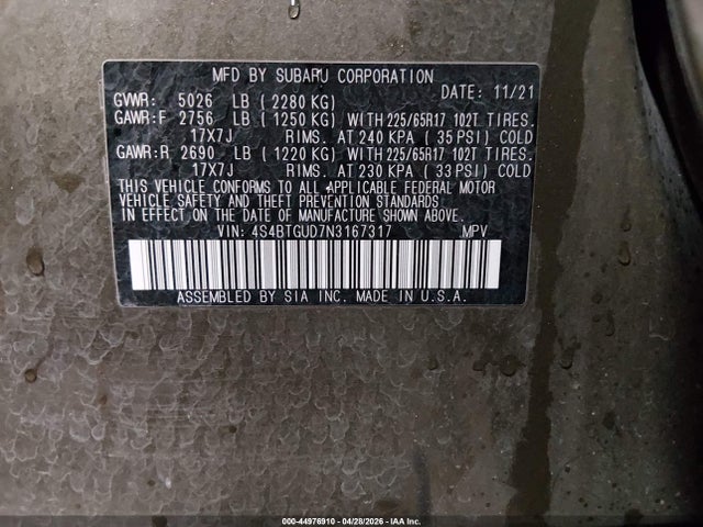 Aukcja sprzedaży 2022 Subaru Outback Wilderness, vin: 4S4BTGUD7N3167317, numer aukcji: 44976910
