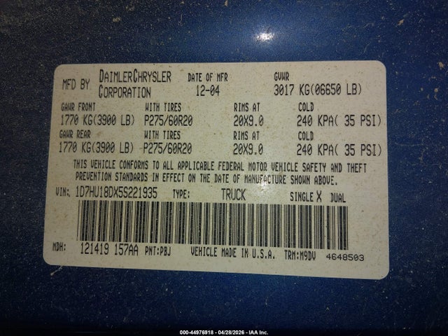 Aukcja sprzedaży 2005 Dodge Ram 1500 Slt/laramie, vin: 1D7HU18DX5S221935, numer aukcji: 44976918