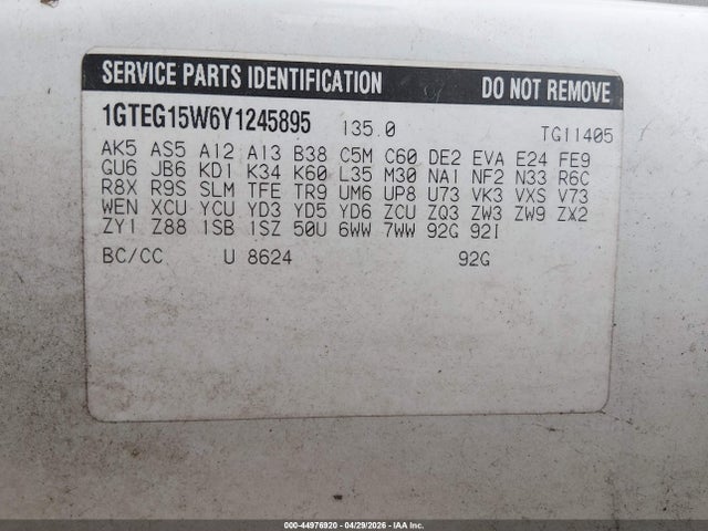 44976920 :رقم المزاد ، 1GTEG15W6Y1245895 vin ، 2000 Gmc Savana Standard مزاد بيع