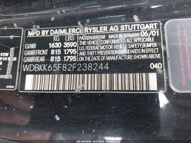 2002 Mercedes-benz Slk 320 მანქანა იყიდება აუქციონზე, vin: WDBKK65F82F238244, აუქციონის ნომერი: 44976929