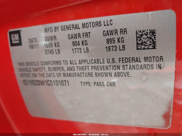 2012 Chevrolet Corvette მანქანა იყიდება აუქციონზე, vin: 1G1YE2DW1C5101871, აუქციონის ნომერი: 44976957