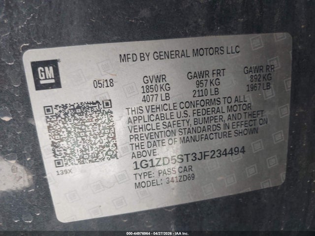 Продаж на аукціоні авто 2018 Chevrolet Malibu Lt, vin: 1G1ZD5ST3JF234494, номер лоту: 44976964