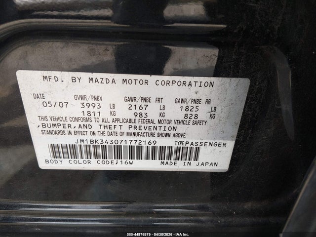 Aukcja sprzedaży 2007 Mazda Mazda3 S Touring, vin: JM1BK343071772169, numer aukcji: 44976979