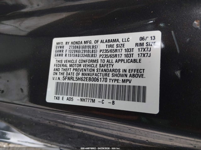 Aukcja sprzedaży 2014 Honda Odyssey Ex-l, vin: 5FNRL5H62EB006170, numer aukcji: 44976982