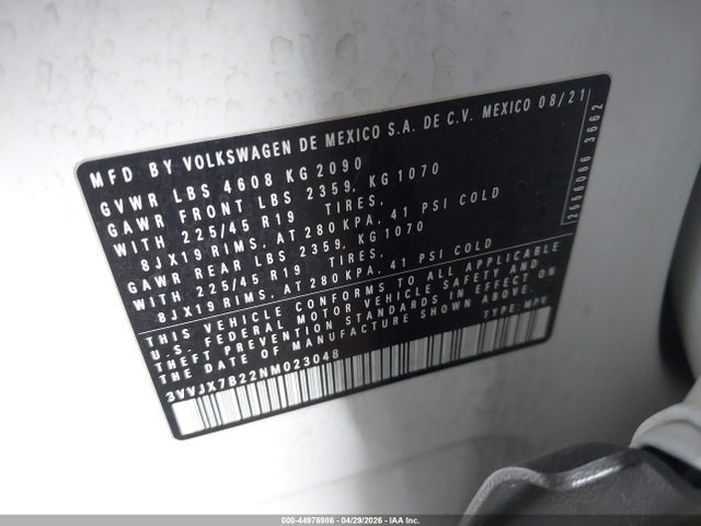 44976986 :رقم المزاد ، 3VVJX7B22NM023048 vin ، 2022 Volkswagen Taos 1.5t Sel مزاد بيع