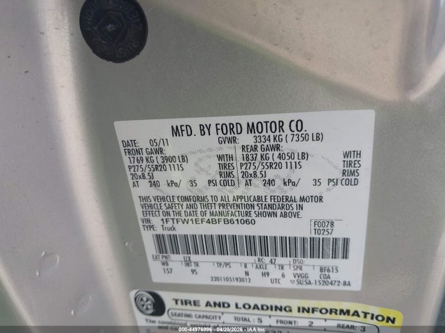 Aukcja sprzedaży 2011 Ford F-150 Platinum, vin: 1FTFW1EF4BFB61060, numer aukcji: 44976996