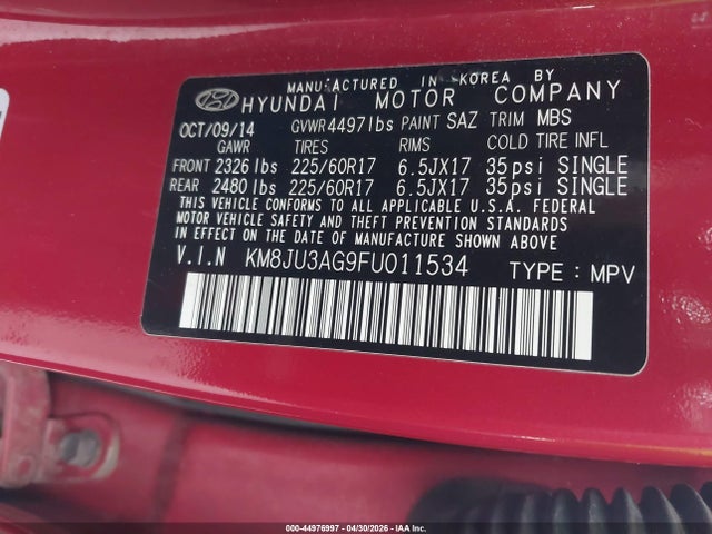 Aukcja sprzedaży 2015 Hyundai Tucson Se, vin: KM8JU3AG9FU011534, numer aukcji: 44976997