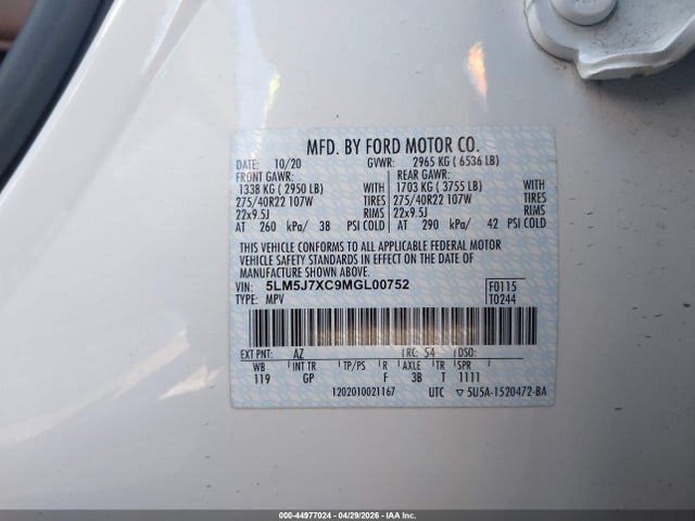 Aukcja sprzedaży 2021 Lincoln Aviator Reserve, vin: 5LM5J7XC9MGL00752, numer aukcji: 44977024