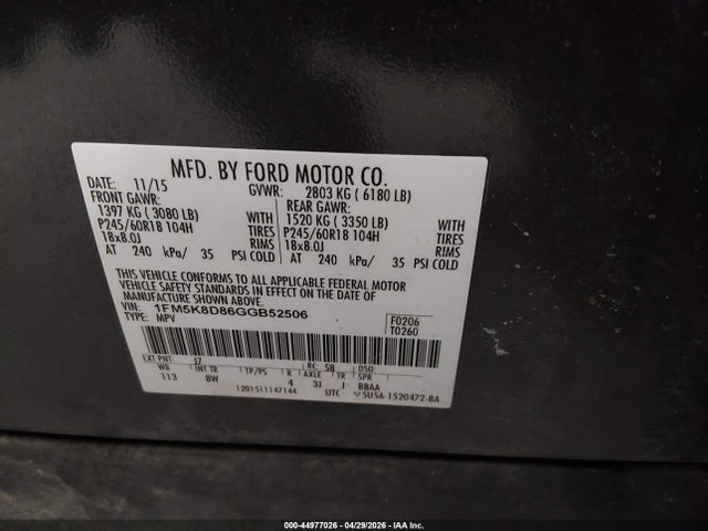 44977026 :رقم المزاد ، 1FM5K8D86GGB52506 vin ، 2016 Ford Explorer Xlt مزاد بيع
