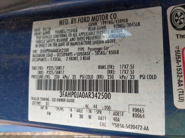 44977029 :رقم المزاد ، 3FAHP0JA0AR342500 vin ، 2010 Ford Fusion Sel مزاد بيع