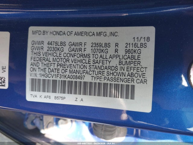 Aukcja sprzedaży 2019 Honda Accord Sport, vin: 1HGCV1F31KA008497, numer aukcji: 44977031