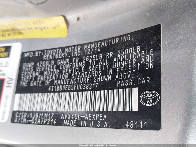 2015 Toyota Avalon Hybrid Limited მანქანა იყიდება აუქციონზე, vin: 4T1BD1EB5FU038317, აუქციონის ნომერი: 44977038