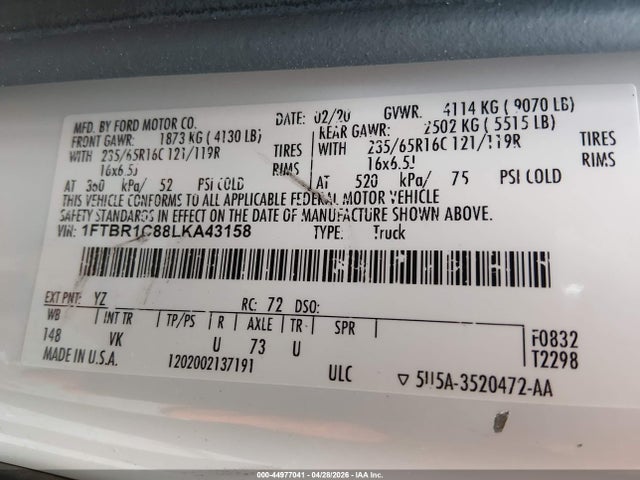 44977041 :رقم المزاد ، 1FTBR1C88LKA43158 vin ، 2020 Ford Transit-250 مزاد بيع
