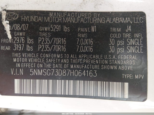2007 Hyundai Santa Fe Gls მანქანა იყიდება აუქციონზე, vin: 5NMSG73D87H064163, აუქციონის ნომერი: 44977058