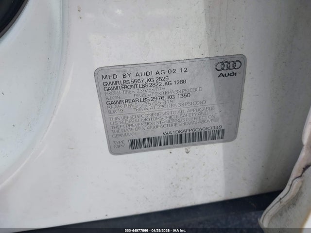 2012 Audi Q5 3.2 Premium Plus მანქანა იყიდება აუქციონზე, vin: WA1DKAFP6CA083349, აუქციონის ნომერი: 44977066