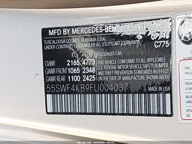 2015 Mercedes-benz C 300 4matic მანქანა იყიდება აუქციონზე, vin: 55SWF4KB9FU004037, აუქციონის ნომერი: 44977099