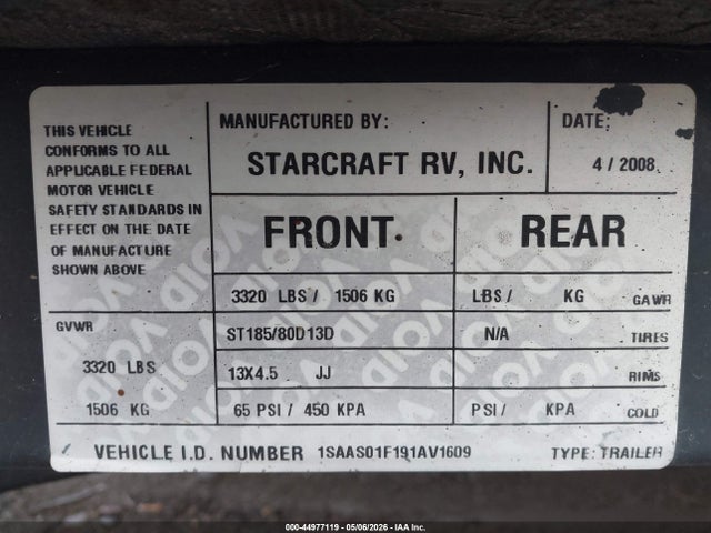 44977119 :رقم المزاد ، 1SAAS01F191AV1609 vin ، 2009 Starcraft 2407 مزاد بيع