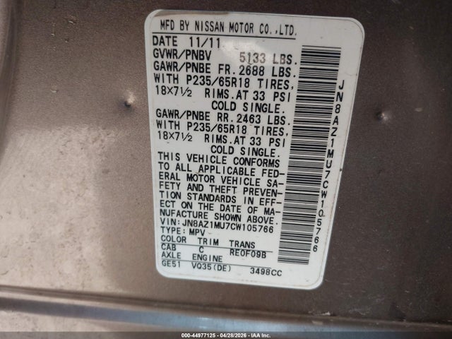 2012 Nissan Murano Sv მანქანა იყიდება აუქციონზე, vin: JN8AZ1MU7CW105766, აუქციონის ნომერი: 44977125