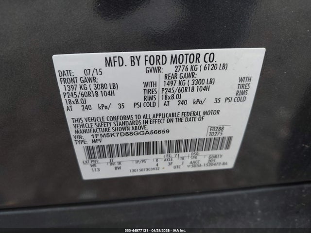 44977131 :رقم المزاد ، 1FM5K7D88GGA56659 vin ، 2016 Ford Explorer Xlt مزاد بيع