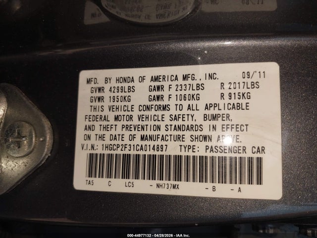 2012 Honda Accord 2.4 Lx მანქანა იყიდება აუქციონზე, vin: 1HGCP2F31CA014897, აუქციონის ნომერი: 44977132