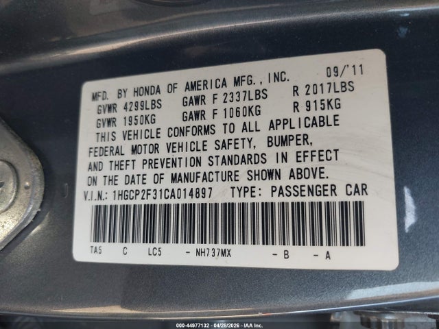 2012 Honda Accord 2.4 Lx მანქანა იყიდება აუქციონზე, vin: 1HGCP2F31CA014897, აუქციონის ნომერი: 44977132