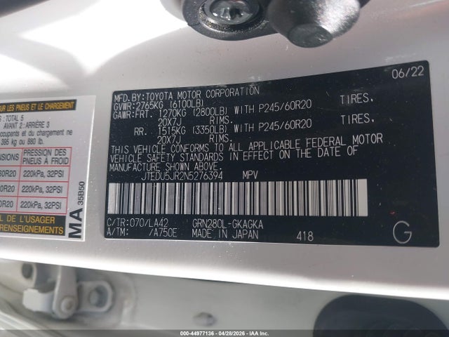 Продаж на аукціоні авто 2022 Toyota 4runner Limited, vin: JTEDU5JR2N5276394, номер лоту: 44977136
