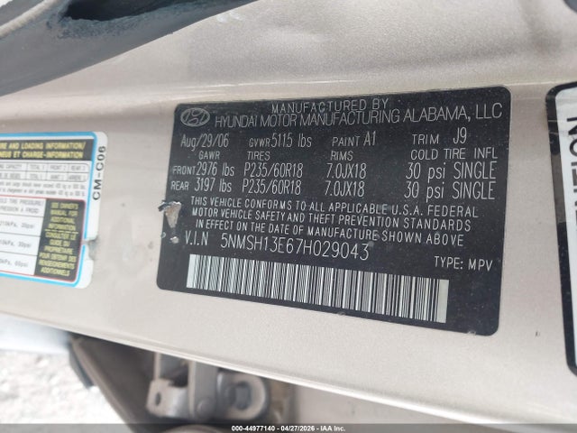 Продажа на аукционе авто 2007 Hyundai Santa Fe Limited/se, vin: 5NMSH13E67H029043, номер лота: 44977140