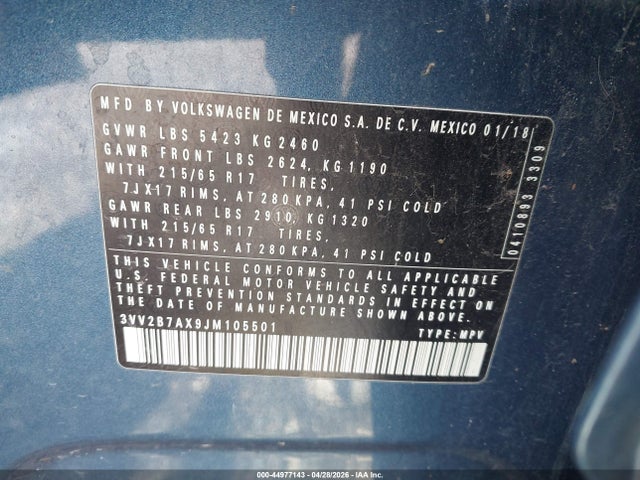 44977143 :رقم المزاد ، 3VV2B7AX9JM105501 vin ، 2018 Volkswagen Tiguan 2.0t Se/2.0t Sel مزاد بيع