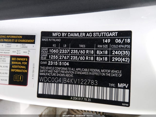 Aukcja sprzedaży 2019 Mercedes-benz Glc 300, vin: WDC0G4JB4KV122783, numer aukcji: 44977146