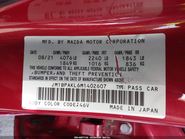 Продажа на аукционе авто 2021 Mazda Mazda3 Select, vin: JM1BPAKL6M1402607, номер лота: 44977148