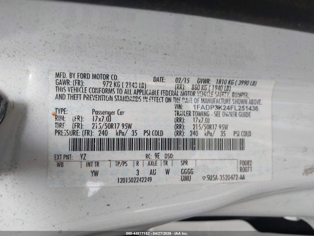 2015 Ford Focus Se მანქანა იყიდება აუქციონზე, vin: 1FADP3K24FL251436, აუქციონის ნომერი: 44977152