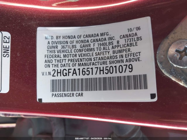 2007 Honda Civic Lx მანქანა იყიდება აუქციონზე, vin: 2HGFA16517H501079, აუქციონის ნომერი: 44977157