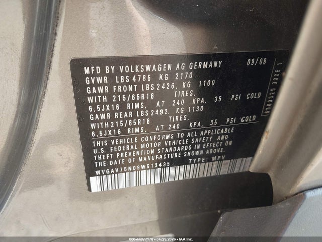 2009 Volkswagen Tiguan S/se/sel მანქანა იყიდება აუქციონზე, vin: WVGAV75N09W513435, აუქციონის ნომერი: 44977178