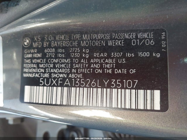 44977180 :رقم المزاد ، 5UXFA13526LY35107 vin ، 2006 Bmw X5 3.0i مزاد بيع