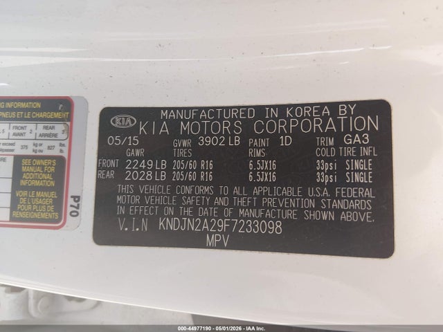 Aukcja sprzedaży 2015 Kia Soul, vin: KNDJN2A29F7233098, numer aukcji: 44977190