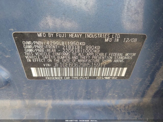 44977193 :رقم المزاد ، JF1GE60629H515917 vin ، 2009 Subaru Impreza 2.5i مزاد بيع