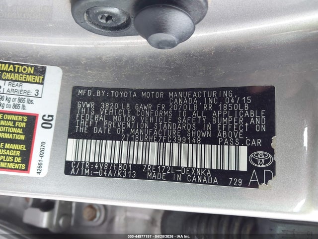 44977197 :رقم المزاد ، 2T1BURHE7FC399148 vin ، 2015 Toyota Corolla Le مزاد بيع