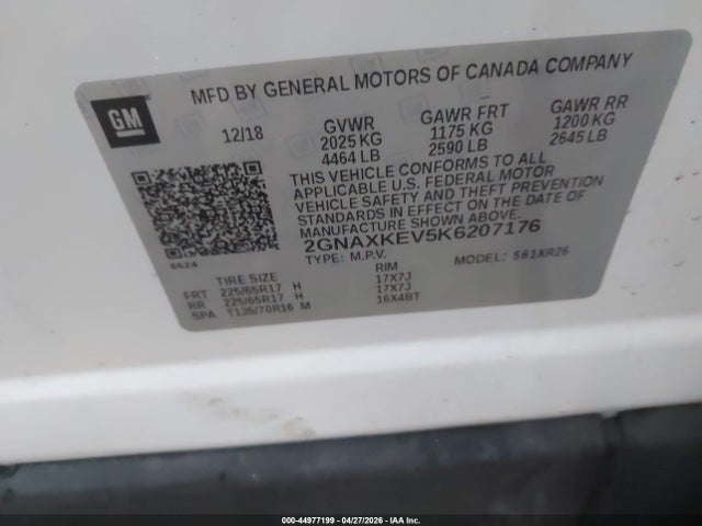 2019 Chevrolet Equinox Lt მანქანა იყიდება აუქციონზე, vin: 2GNAXKEV5K6207176, აუქციონის ნომერი: 44977199