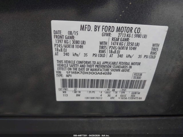 44977201 :رقم المزاد ، 1FM5K7DH3GGA84059 vin ، 2016 Ford Explorer Xlt مزاد بيع