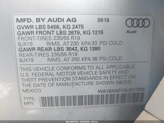 44977203 :رقم المزاد ، WA1BNAFY3L2017326 vin ، 2020 Audi Q5 Premium Plus 45 Tfsi Quattro S Tronic مزاد بيع
