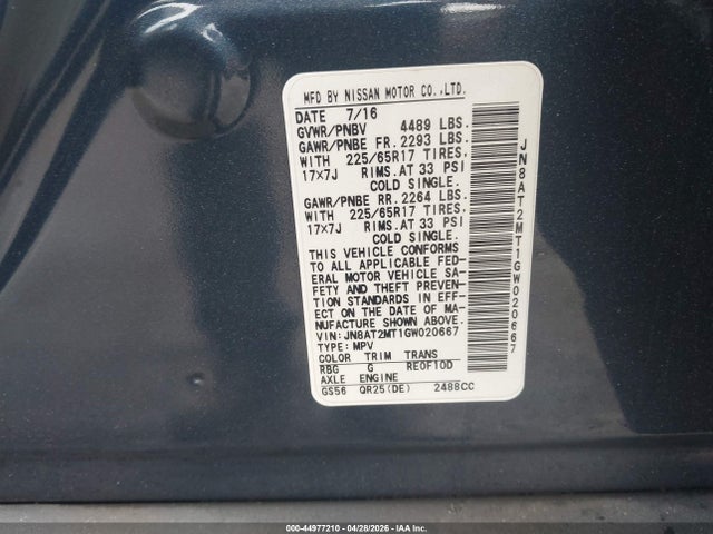 Aukcja sprzedaży 2016 Nissan Rogue Sv, vin: JN8AT2MT1GW020667, numer aukcji: 44977210