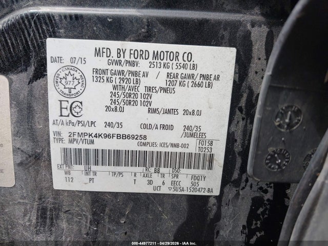 Продажа на аукционе авто 2015 Ford Edge Titanium, vin: 2FMPK4K96FBB69258, номер лота: 44977211