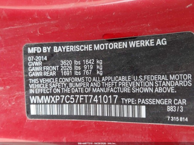 Aukcja sprzedaży 2015 Mini Hardtop Cooper S, vin: WMWXP7C57FT741017, numer aukcji: 44977215