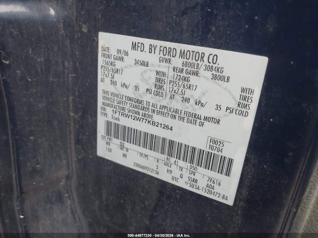 Продаж на аукціоні авто 2007 Ford F-150 Xlt, vin: 1FTRW12W77KB21264, номер лоту: 44977230