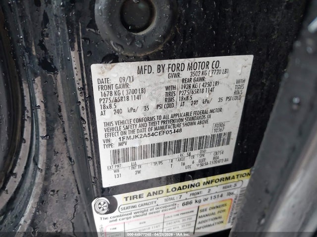 2012 Ford Expedition El Limited მანქანა იყიდება აუქციონზე, vin: 1FMJK2A54CEF05448, აუქციონის ნომერი: 44977240