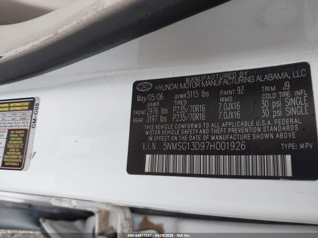 2007 Hyundai Santa Fe Gls მანქანა იყიდება აუქციონზე, vin: 5NMSG13D97H001926, აუქციონის ნომერი: 44977247