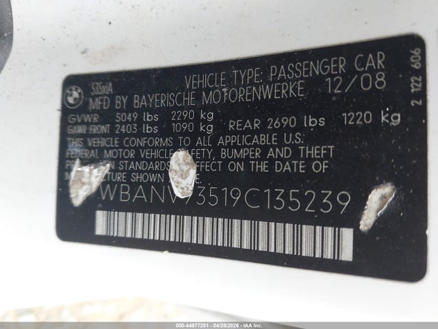 2009 Bmw 535i Xdrive მანქანა იყიდება აუქციონზე, vin: WBANV93519C135239, აუქციონის ნომერი: 44977251