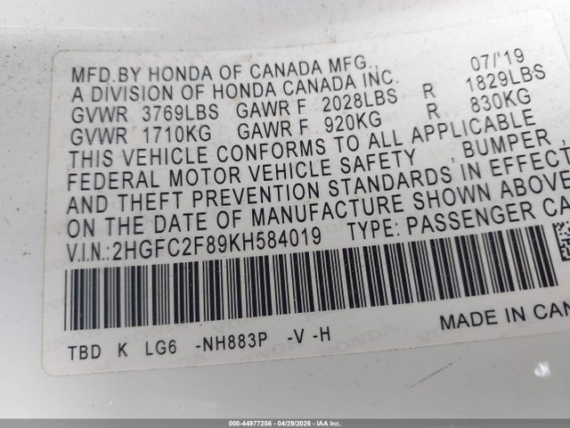 Honda Civic Sport 2019 2HGFC2F89KH584019 Image 9
