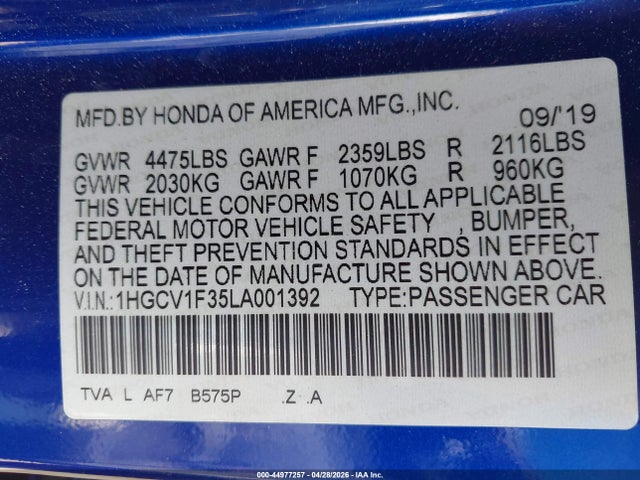 Продаж на аукціоні авто 2020 Honda Accord Sport, vin: 1HGCV1F35LA001392, номер лоту: 44977257