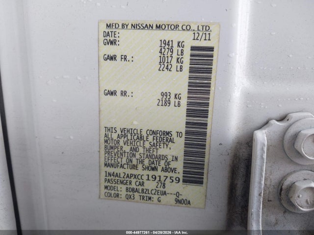 Продаж на аукціоні авто 2012 Nissan Altima 2.5 S, vin: 1N4AL2APXCC191759, номер лоту: 44977261